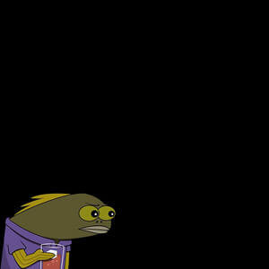 Comicartige grüne Figur mit verwirrtem Gesichtsausdruck vor schwarzem Hintergrund.