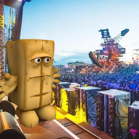 Bernd das Brot steht auf einer Festivalbühne vor einer großen Menschenmenge.